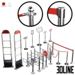 3D model set of retail entrance systems, including chrome mechanical turnstiles, anti-theft security sensor gates (EAS), and tubular rope barriers with signage holders.