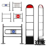 3D model set of retail entrance systems, including chrome mechanical turnstiles, anti-theft security sensor gates (EAS), and tubular rope barriers with signage holders.
