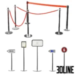 3D model set of retail entrance systems, including chrome mechanical turnstiles, anti-theft security sensor gates (EAS), and tubular rope barriers with signage holders.