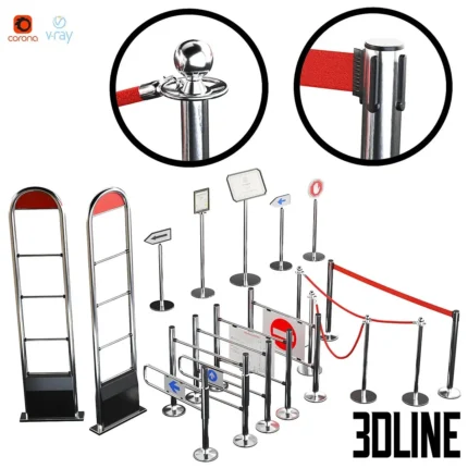 3D model set of retail entrance systems, including chrome mechanical turnstiles, anti-theft security sensor gates (EAS), and tubular rope barriers with signage holders.