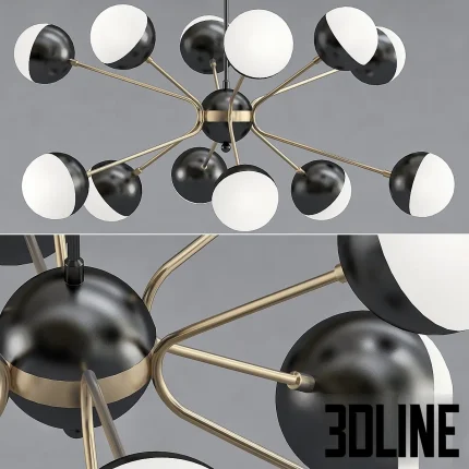 3D model of the Rewire Custom Orb Chandelier, featuring a retro 1950s atomic design with radiating brass arms holding two-tone spherical shades in black and white.