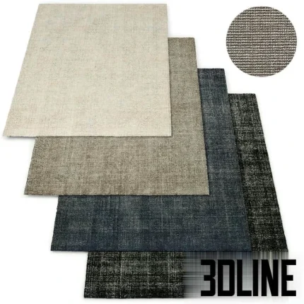 High-resolution 3D model set of four RH Izar handwoven performance rugs stacked in varying sizes and neutral colors (cream, beige, blue, gray).