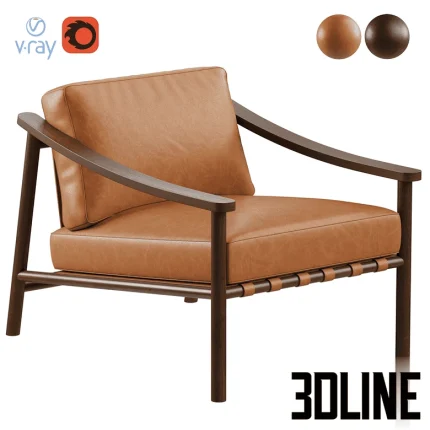 High-quality 3D model of Rocco lounge chair with wooden frame, leather cushion, and woven leather strap detailing