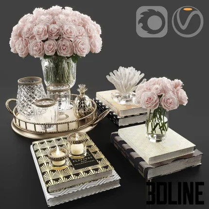 Detailed 3D model of a luxury decoration set featuring pink roses in crystal vases, decorative books, gold pineapple, and coral on a tray.