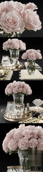Detailed 3D model of a luxury decoration set featuring pink roses in crystal vases, decorative books, gold pineapple, and coral on a tray.