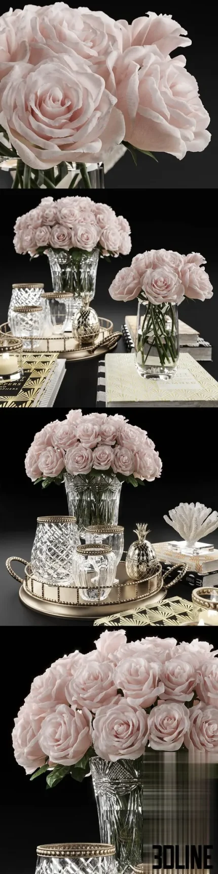 Detailed 3D model of a luxury decoration set featuring pink roses in crystal vases, decorative books, gold pineapple, and coral on a tray.