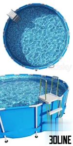3D model of a round above-ground frame swimming pool with a blue PVC exterior, mosaic interior liner, white metal structure, safety ladder, and filtration pump system.