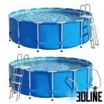 3D model of a round above-ground frame swimming pool with a blue PVC exterior, mosaic interior liner, white metal structure, safety ladder, and filtration pump system.