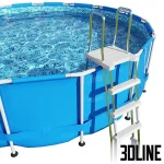 3D model of a round above-ground frame swimming pool with a blue PVC exterior, mosaic interior liner, white metal structure, safety ladder, and filtration pump system.