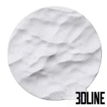 3D model of a round decorative wall panel featuring a white, organic 3D relief texture resembling crumpled paper, rough plaster, or wind-swept sand.