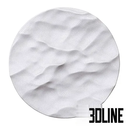 3D model of a round decorative wall panel featuring a white, organic 3D relief texture resembling crumpled paper, rough plaster, or wind-swept sand.