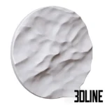 3D model of a round decorative wall panel featuring a white, organic 3D relief texture resembling crumpled paper, rough plaster, or wind-swept sand.