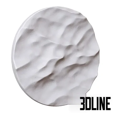 3D model of a round decorative wall panel featuring a white, organic 3D relief texture resembling crumpled paper, rough plaster, or wind-swept sand.