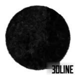 3D model of a round, deep-pile shaggy rug in solid black, featuring realistic fur simulation and soft texture variations.