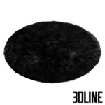 3D model of a round, deep-pile shaggy rug in solid black, featuring realistic fur simulation and soft texture variations.