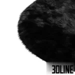 3D model of a round, deep-pile shaggy rug in solid black, featuring realistic fur simulation and soft texture variations.
