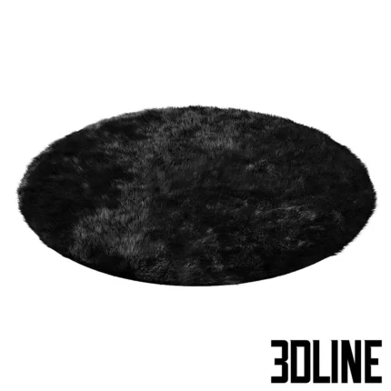 3D model of a round, deep-pile shaggy rug in solid black, featuring realistic fur simulation and soft texture variations.