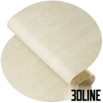 3D model of a round placemat with a light wood grain texture, shown in both a flat serving position and a curled flexible state.