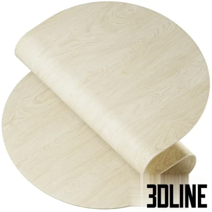 3D model of a round placemat with a light wood grain texture, shown in both a flat serving position and a curled flexible state.