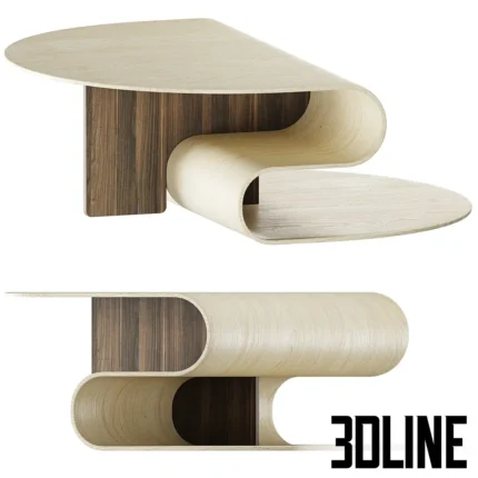 3D model of a round placemat with a light wood grain texture, shown in both a flat serving position and a curled flexible state.