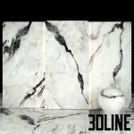 High-resolution 3D texture and slab model of Royal Black Marble 02 with thick, dark veining over a polished white surface.