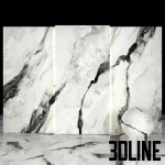 High-resolution 3D texture and slab model of Royal Black Marble 02 with thick, dark veining over a polished white surface.