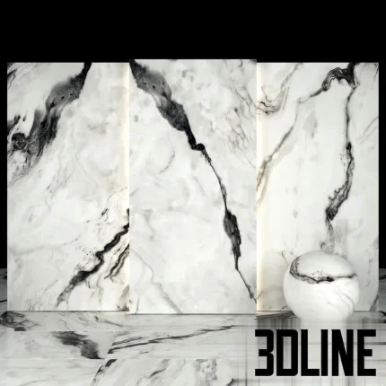 High-resolution 3D texture and slab model of Royal Black Marble 02 with thick, dark veining over a polished white surface.