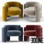 3D model set of the Royal Stranger Embrace armchair in four colors (rust, blue, yellow, beige), featuring a chubby rounded silhouette with thick cylindrical legs and velvet upholstery.
