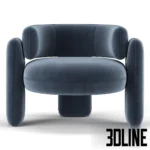 3D model set of the Royal Stranger Embrace armchair in four colors (rust, blue, yellow, beige), featuring a chubby rounded silhouette with thick cylindrical legs and velvet upholstery.
