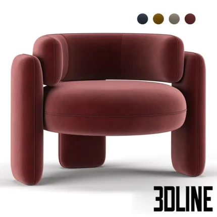 3D model set of the Royal Stranger Embrace armchair in four colors (rust, blue, yellow, beige), featuring a chubby rounded silhouette with thick cylindrical legs and velvet upholstery.