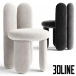 3D model set of the Glazy Chair by Royal Stranger, featuring a playful design composed of thick cylindrical tubes and a round seat, shown in white and black velvet.