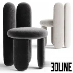 3D model set of the Glazy Chair by Royal Stranger, featuring a playful design composed of thick cylindrical tubes and a round seat, shown in white and black velvet.