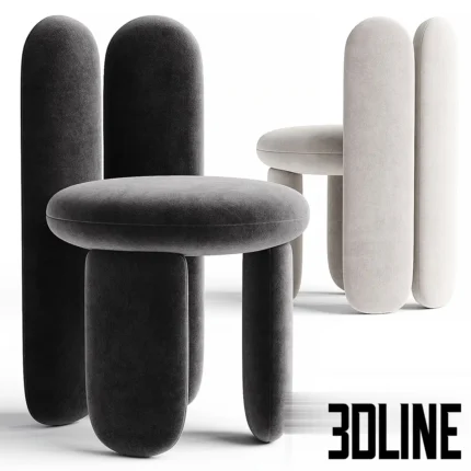 3D model set of the Glazy Chair by Royal Stranger, featuring a playful design composed of thick cylindrical tubes and a round seat, shown in white and black velvet.