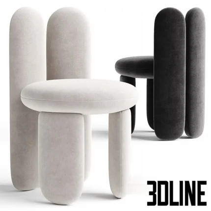 3D model set of the Glazy Chair by Royal Stranger, featuring a playful design composed of thick cylindrical tubes and a round seat, shown in white and black velvet.