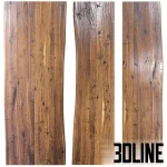 Photorealistic 3D model of a large wood slab dining table top with live edges, featuring rich dark wood grain and supported by a dark geometric metal base.