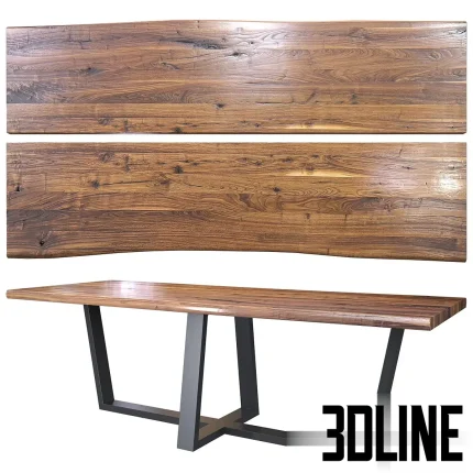 Photorealistic 3D model of a large wood slab dining table top with live edges, featuring rich dark wood grain and supported by a dark geometric metal base.