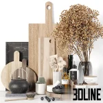 Detailed 3D model set of kitchen accessories, including assorted wood chopping boards, a cast iron teapot, cooking utensils, olive oil, and dried floral decor.