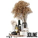 Detailed 3D model set of kitchen accessories, including assorted wood chopping boards, a cast iron teapot, cooking utensils, olive oil, and dried floral decor.