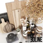 Detailed 3D model set of kitchen accessories, including assorted wood chopping boards, a cast iron teapot, cooking utensils, olive oil, and dried floral decor.