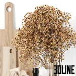 Detailed 3D model set of kitchen accessories, including assorted wood chopping boards, a cast iron teapot, cooking utensils, olive oil, and dried floral decor.