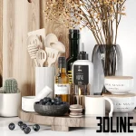 Detailed 3D model set of kitchen accessories, including assorted wood chopping boards, a cast iron teapot, cooking utensils, olive oil, and dried floral decor.