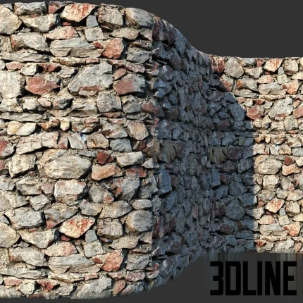 High-detail 3D material visualization of a rustic stone masonry wall, featuring irregular grey and reddish rocks with deep mortar joints applied to a curved surface.