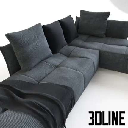 3D model of the Saba Pixel corner sofa featuring a modular design with a patchwork-style grey corduroy fabric upholstery and loose scatter pillows.