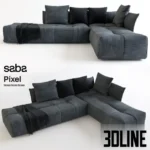 3D model of the Saba Pixel corner sofa featuring a modular design with a patchwork-style grey corduroy fabric upholstery and loose scatter pillows.