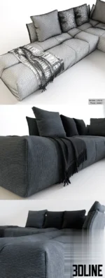 3D model of the Saba Pixel corner sofa featuring a modular design with a patchwork-style grey corduroy fabric upholstery and loose scatter pillows.