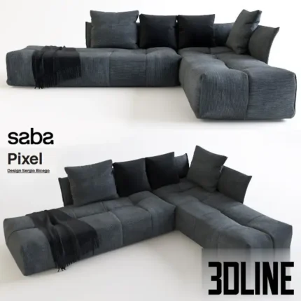 3D model of the Saba Pixel corner sofa featuring a modular design with a patchwork-style grey corduroy fabric upholstery and loose scatter pillows.