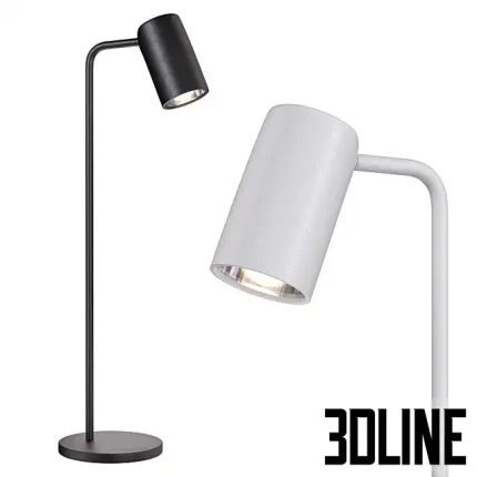 Detailed 3D model set of the Sal minimalist table lamp, featuring a thin metal stand and an angled cylindrical head, available in both black and white matte finishes.