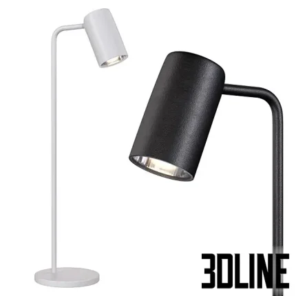 Detailed 3D model set of the Sal minimalist table lamp, featuring a thin metal stand and an angled cylindrical head, available in both black and white matte finishes.