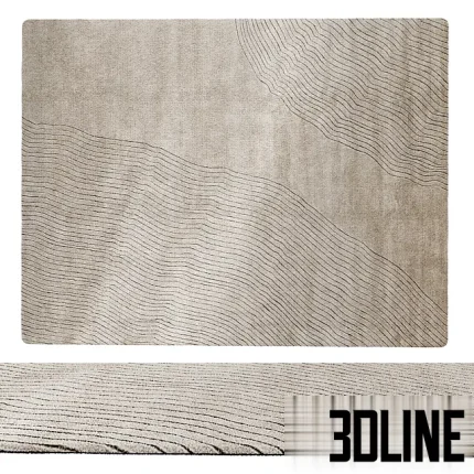 3D model of the Sands Rug featuring a neutral beige color palette with a 3D embossed pattern resembling topographic maps or sand ripples.
