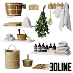 3D model collection of sauna accessories, including a wooden bucket with rope handle, ladle, thermometer, hanging birch whisk, towels, soap bottles, and a felt hat.
